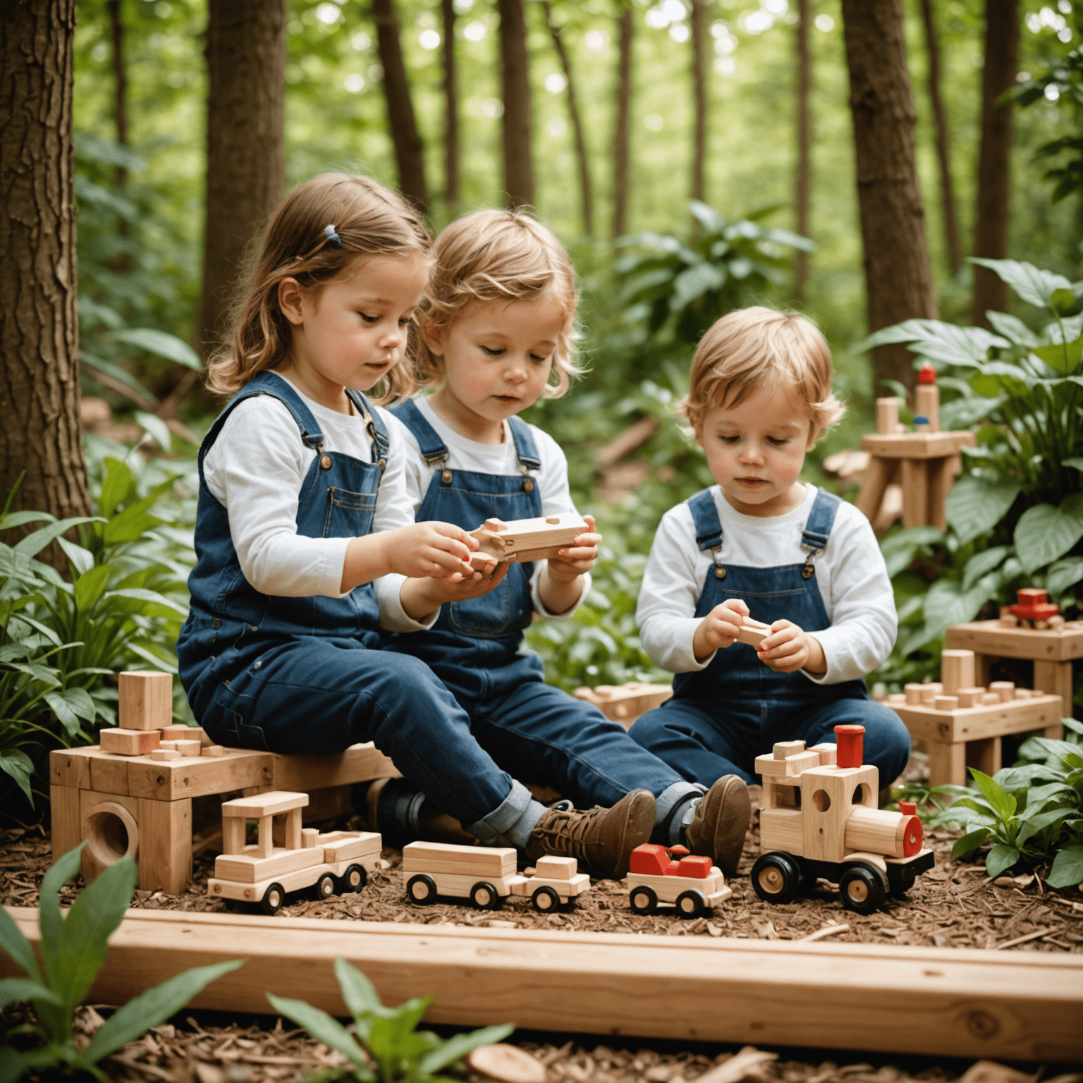 Niños jugando con juguetes de madera en un entorno natural, rodeados de árboles y plantas. Los juguetes incluyen bloques de construcción, un tren de madera y figuras de animales.