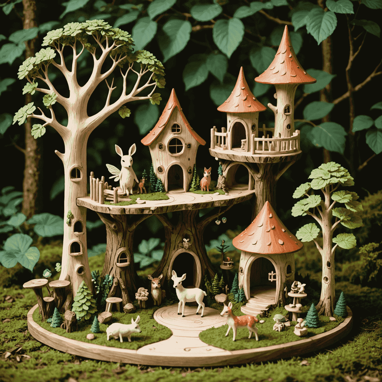 Set de juego 'El Bosque Encantado' hecho de madera sostenible, con árboles, animales y casitas de hadas talladas a mano