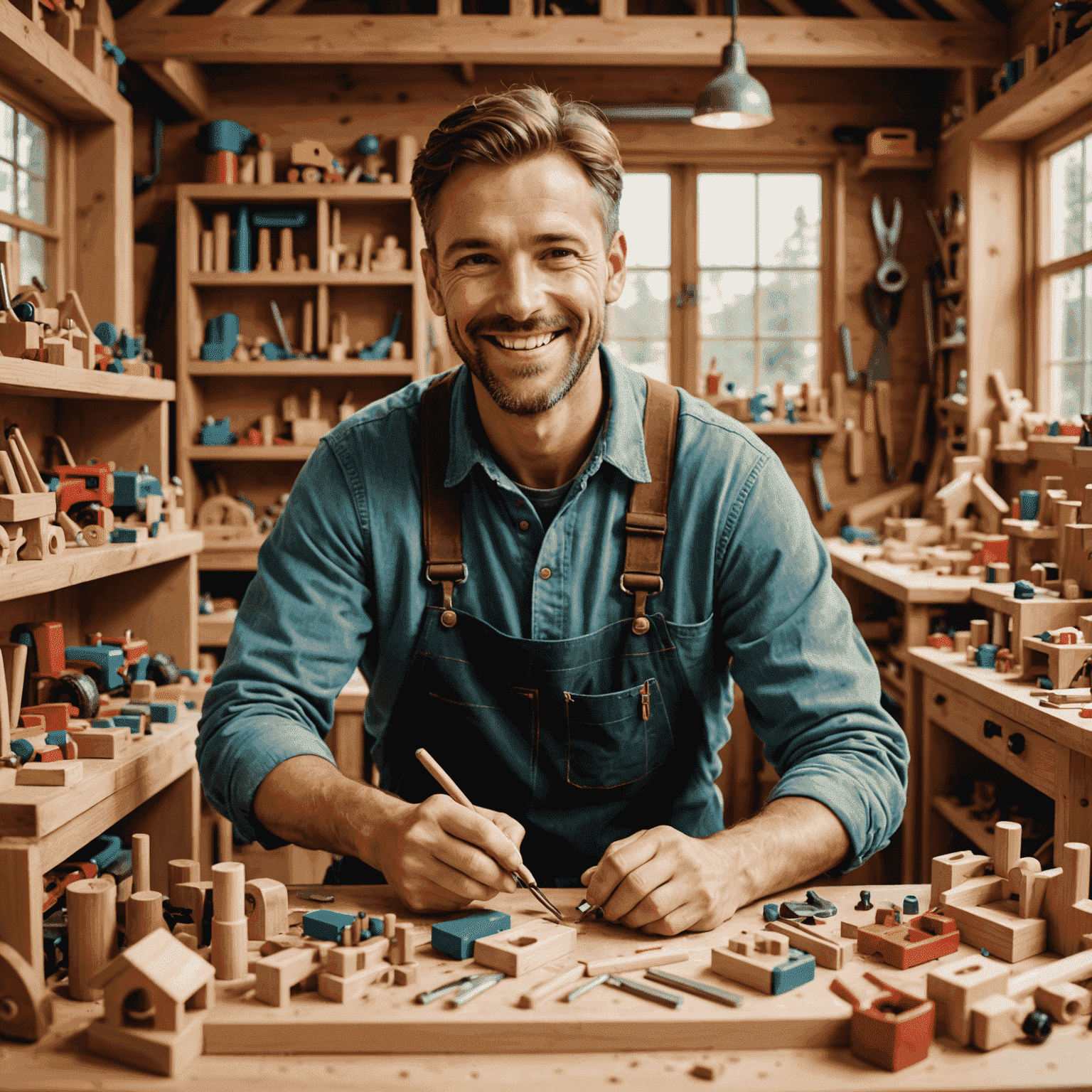 Artesano sonriente trabajando en un taller de juguetes de madera, rodeado de herramientas y juguetes terminados