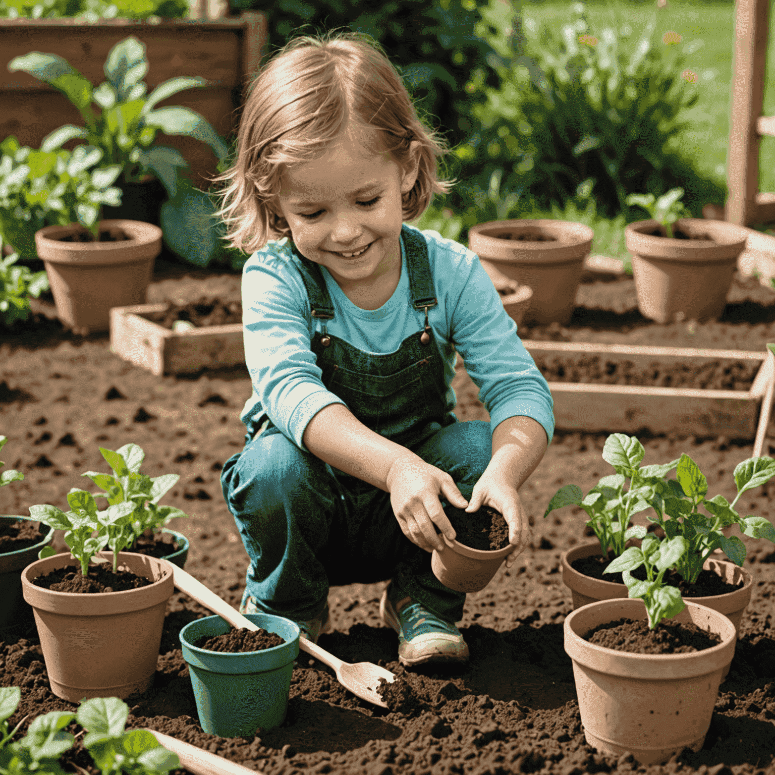 Niño jugando con un set de jardinería ecológico, plantando semillas en macetas biodegradables. El niño está sonriendo y tiene las manos en la tierra.