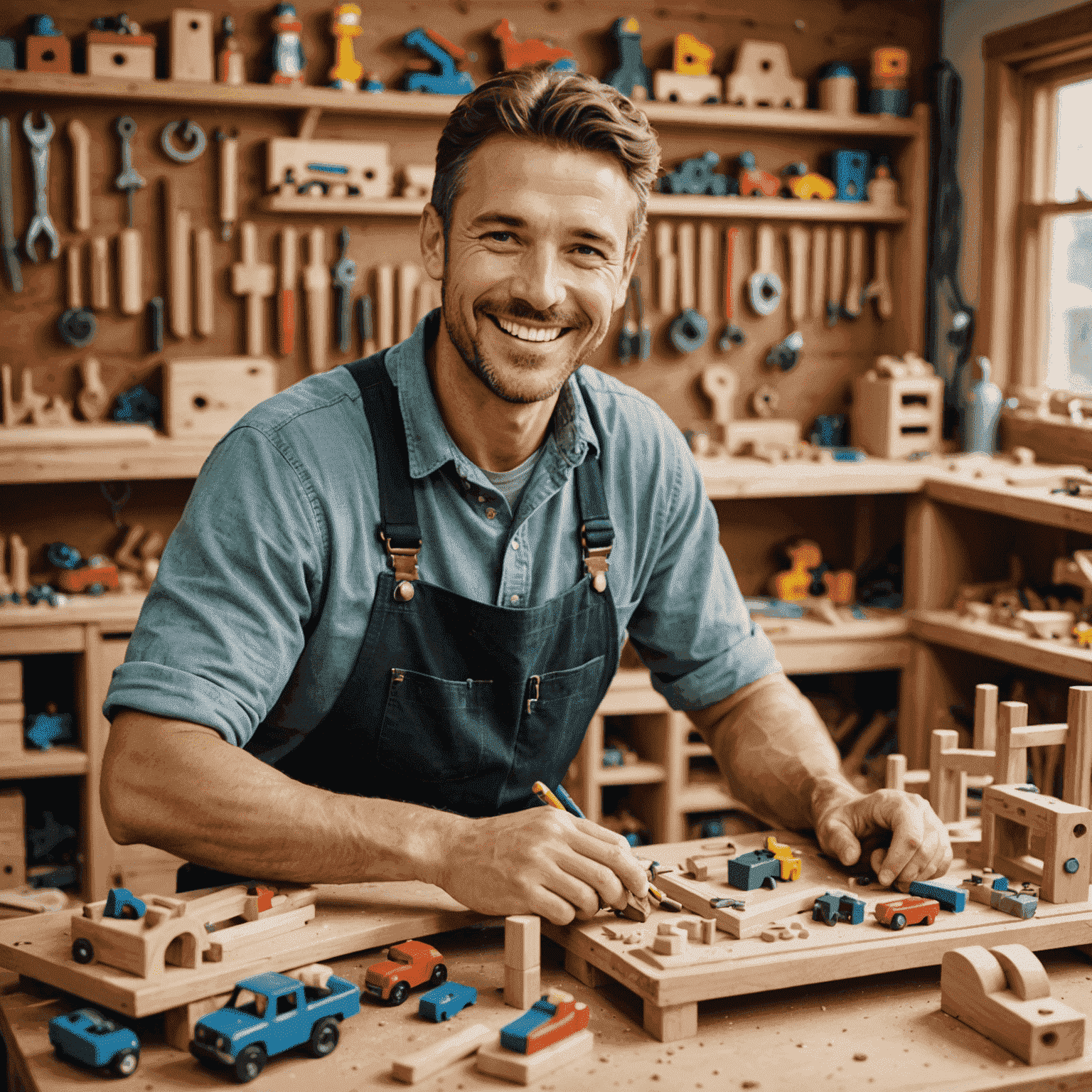 Un artesano sonriente trabajando en un taller, rodeado de juguetes de madera a medio terminar