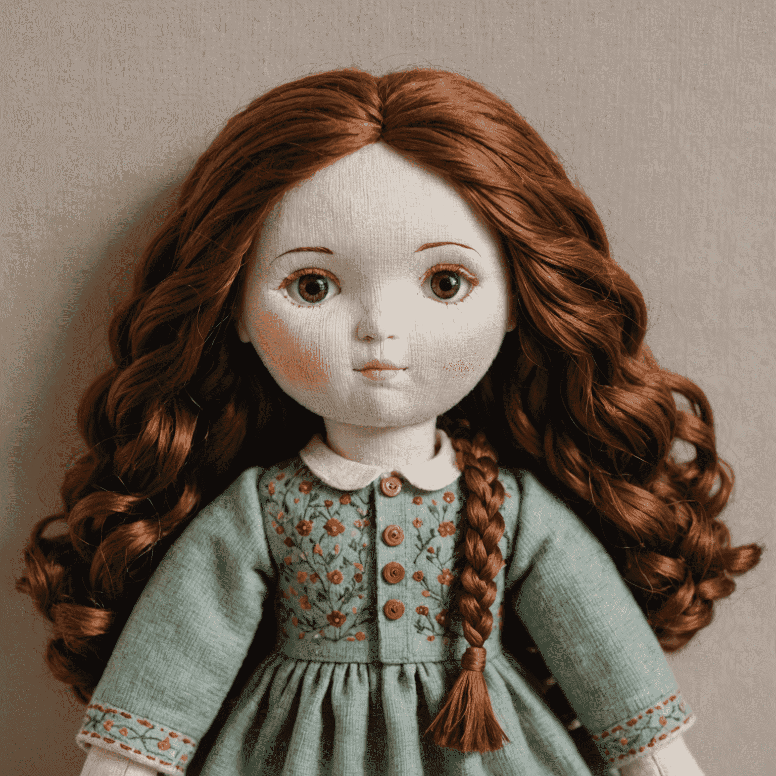 Muñeca hecha a mano con telas orgánicas de colores suaves, con cabello de lana y rostro bordado