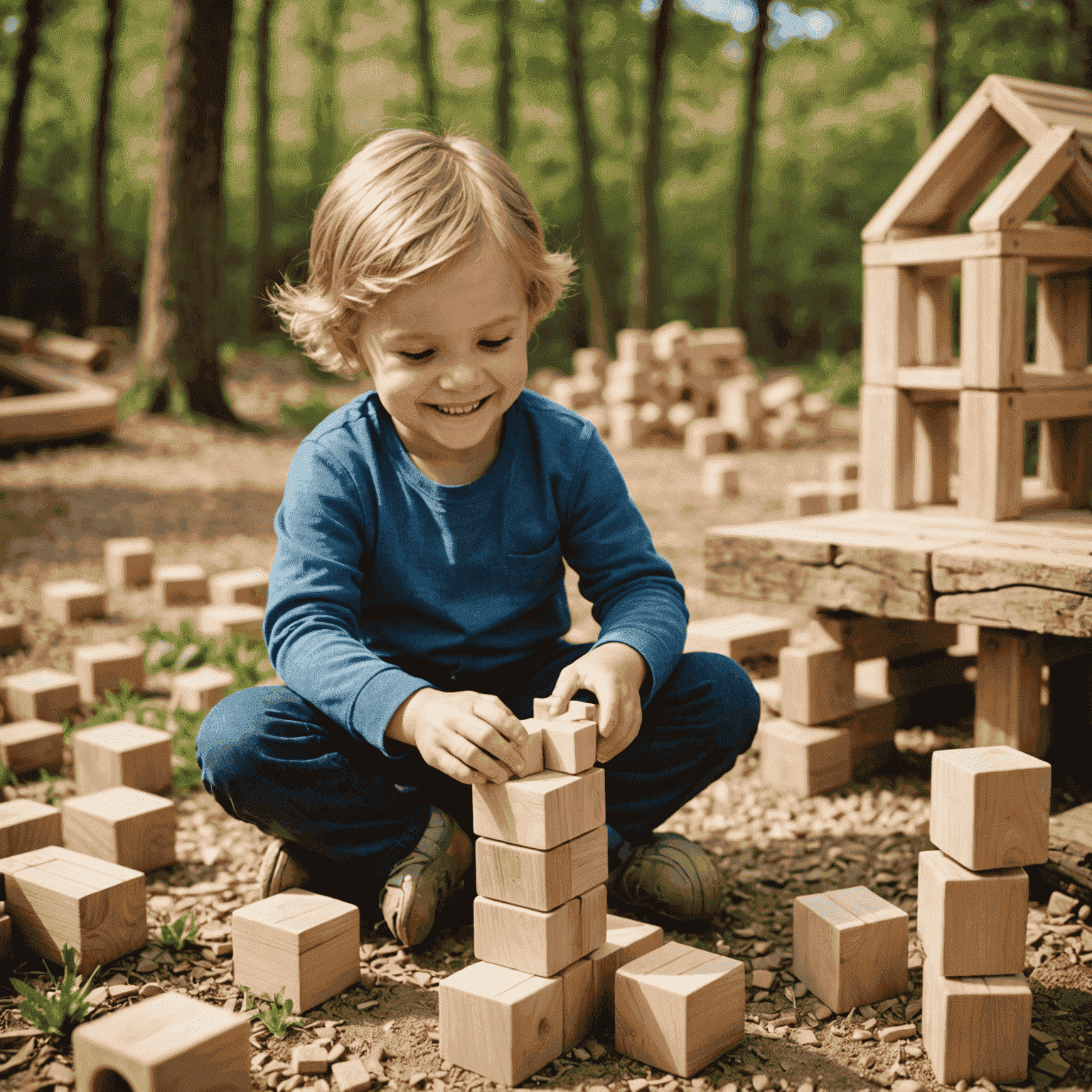 Niño sonriente jugando con un set de bloques de construcción de madera en un entorno natural al aire libre