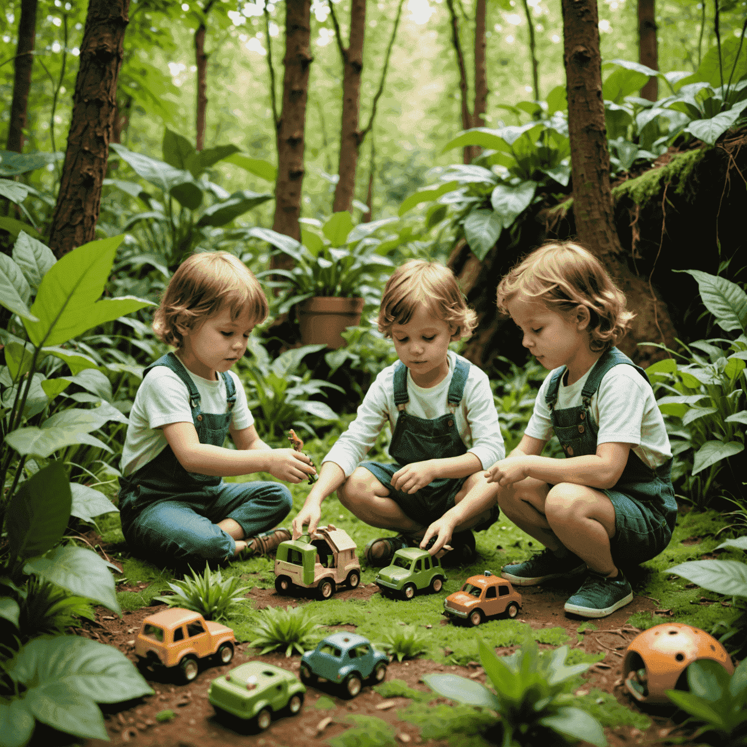 Niños jugando con juguetes ecológicos en un entorno natural, rodeados de plantas y árboles
