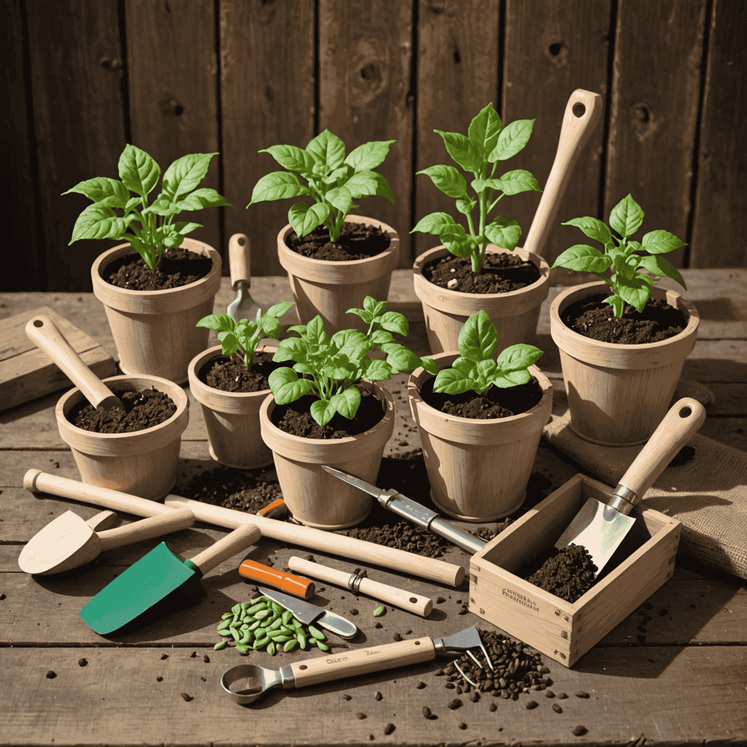 Set de jardinería infantil con herramientas de madera y metal, macetas biodegradables y semillas orgánicas
