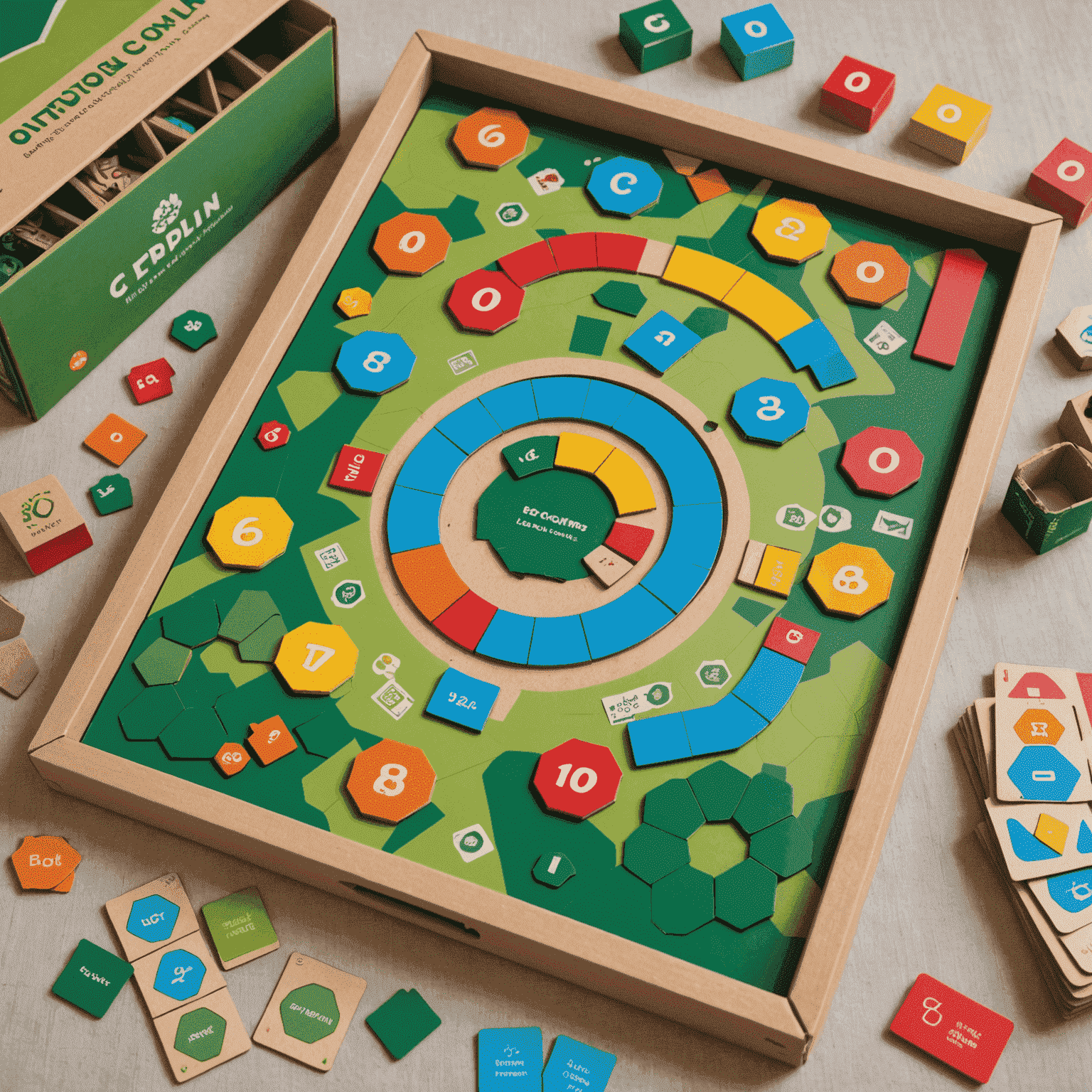 Juego de mesa colorido sobre reciclaje, con tablero de cartón reciclado, fichas de madera y tarjetas educativas